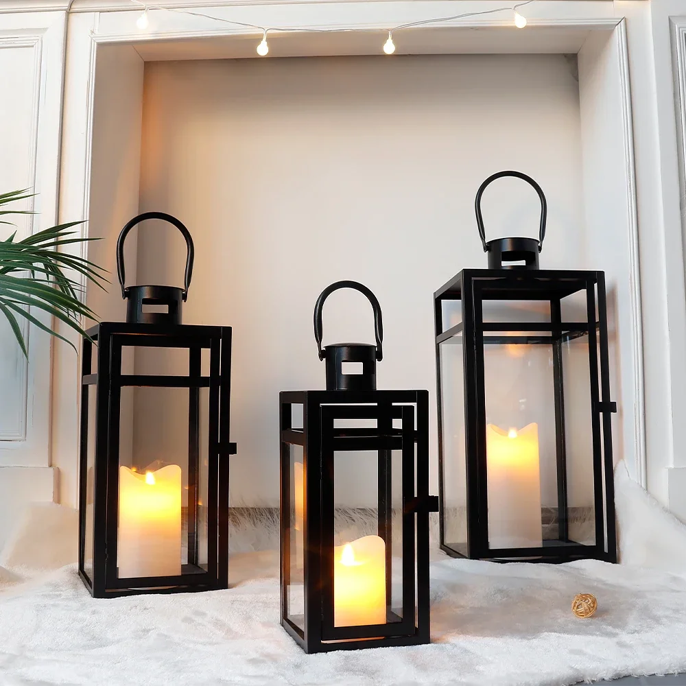 Modern Large Black Lantern Garden Hanging Metal Candle Holder Home Outdoor Decorative Lanterns For Candle