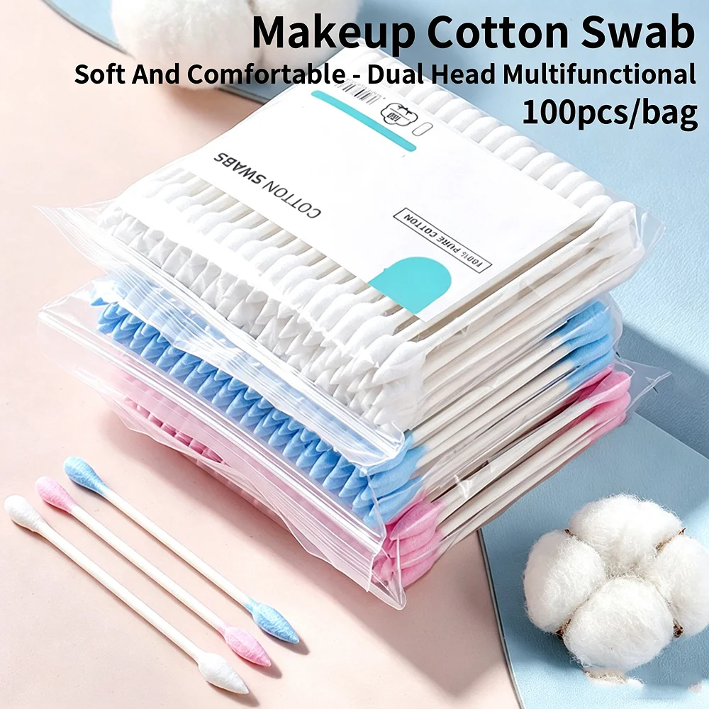 100Pcs Dual‑Tip Cotton Swabs Paper Stick Makeup Cotton Buds Pointed & Round Head Cosmetic Ear Cleaning Sticks