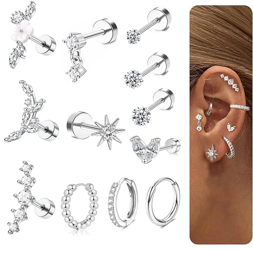 Women's 14K Gold Cartilage Earrings, Flat Back Studs