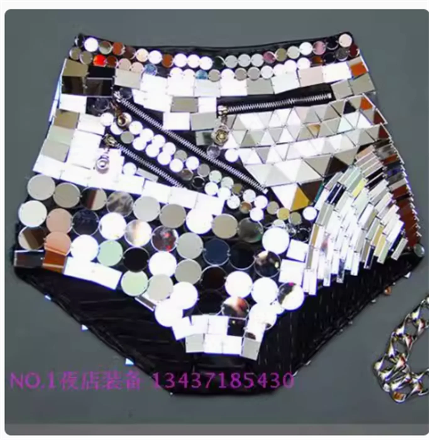 

Handmade silver lens high waisted leather pants with mirror shorts and sequins