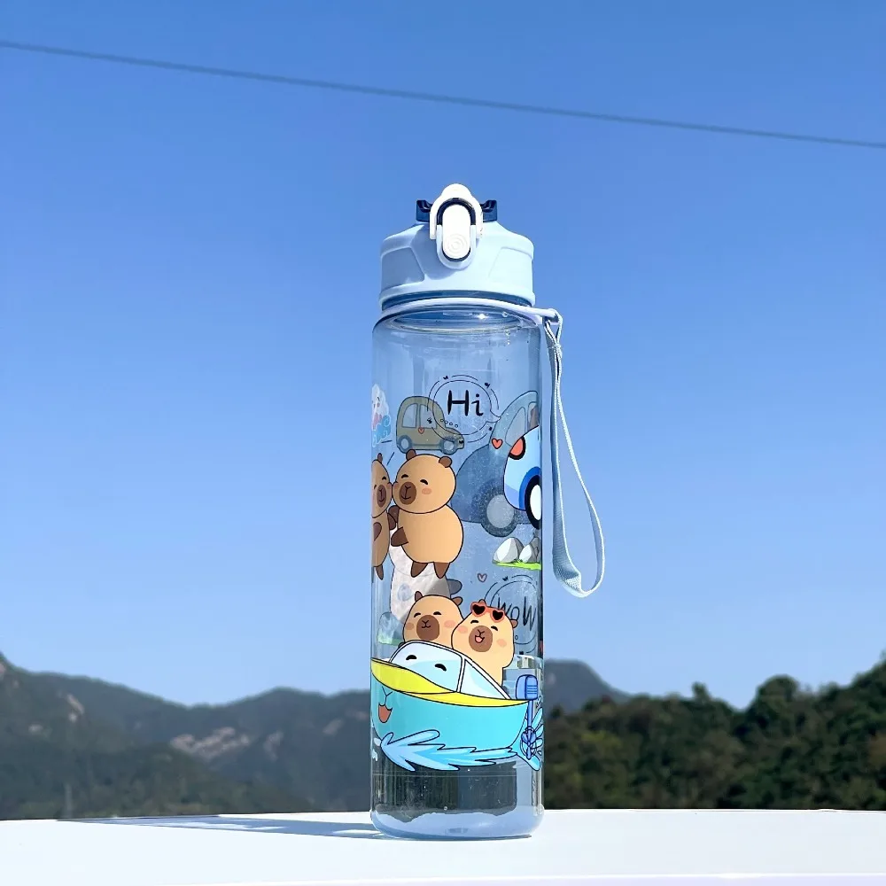 

500ml Capybara Water Bottles Cute Large Capacity Transparent Plastic Cup with Shoulder Strap Straw Cup Capybara Drinking Bottle
