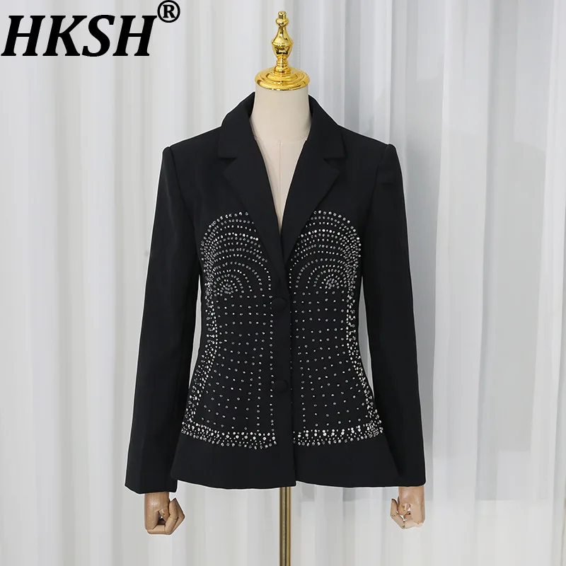 HKSH Women Blazer Stylish Elegant Heavy Diamonds Design Solid Color Slim Fit High-end Fashion Niche Suit-Coat Autumn New HK28158