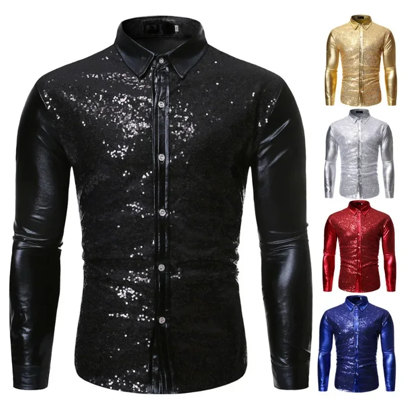 Silver Metallic Sequins Glitter Shirt Men 2023 New 70's Disco Party Halloween Costume Chemise Homme Stage Performance Shirt Male