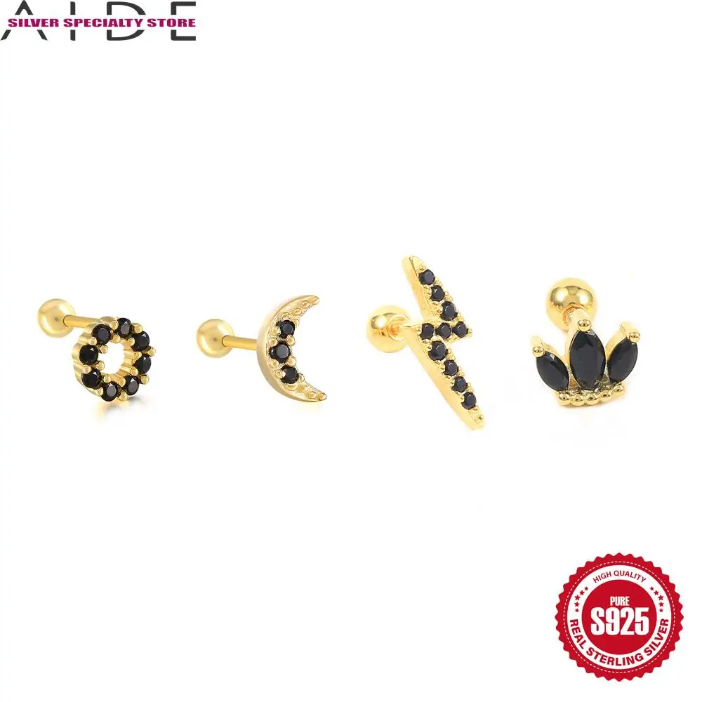 Aide 925S Silver Cartilage Piercing Earrings 4Pcs/Set Black CZ Stud Earing For Women 2023 Trend Wedding Pendiente Luxury Jewelry