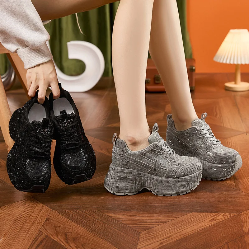 

Женские модные повседневные кроссовки на платформе с увеличением роста на 8 см, со стразами, в стиле Dad Shoes