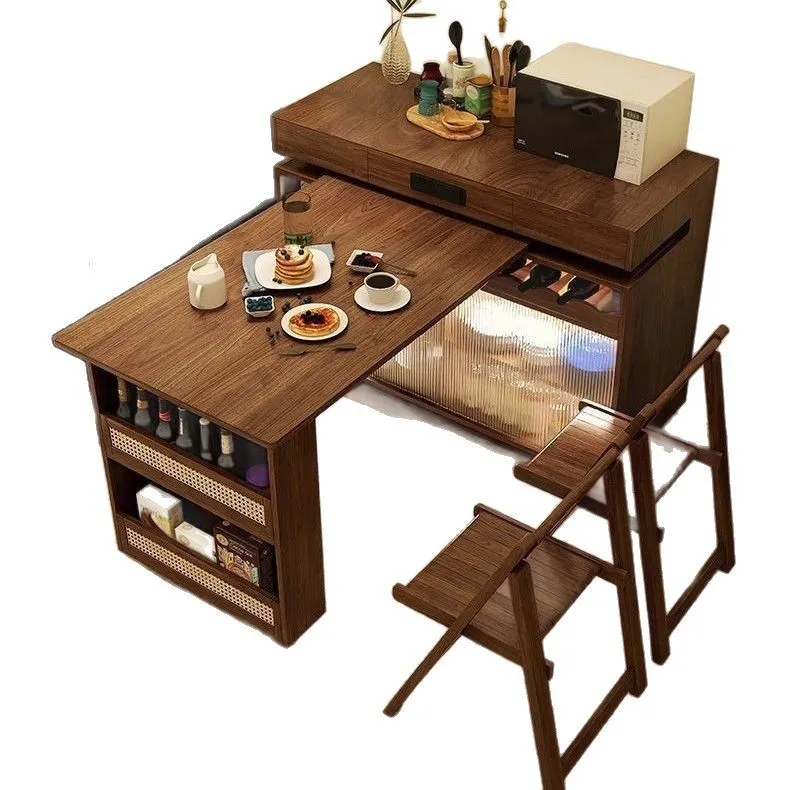 

Solid wood walnut medium and ancient style rotating island table integrated retractable small apartment dining side cabinet bar