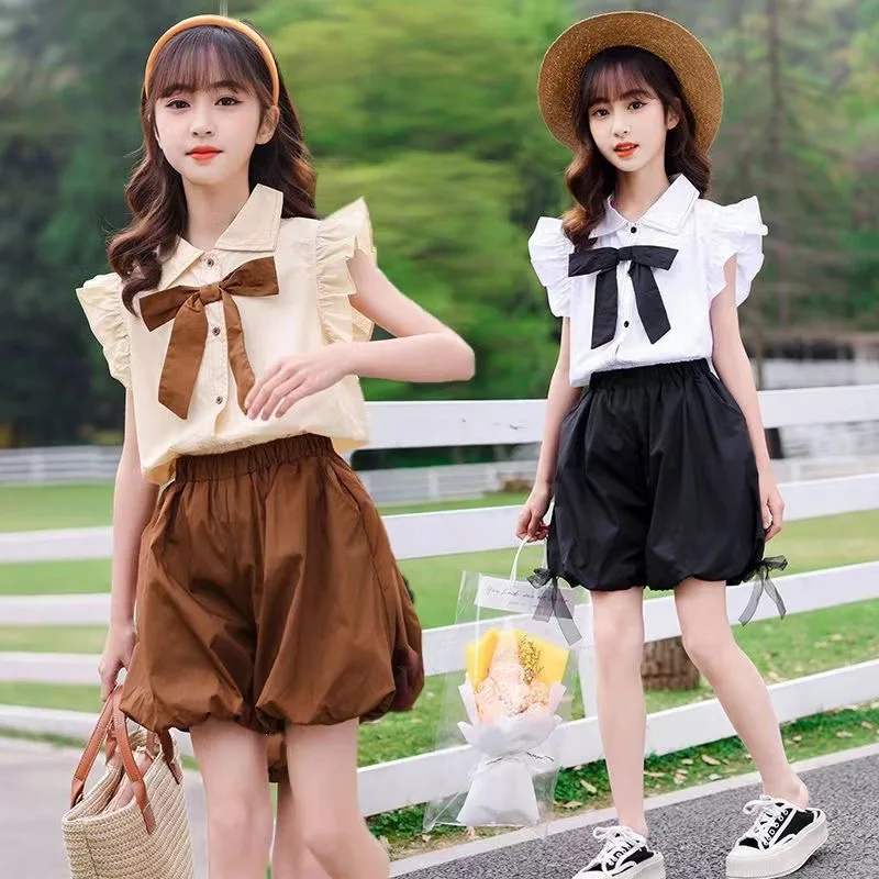 Girls Suits Summer Girls and Children New Summer Bow Solid Color Personality Short-sleeved Blouse Two-piece Set Clothes