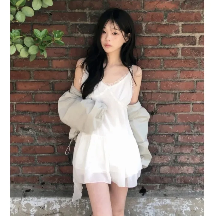 Summer New Pure Desire Lace Splice Irregular Halter Dress Women's Short Skirt with Pleated  Korean Style Spring Autumn Wi...