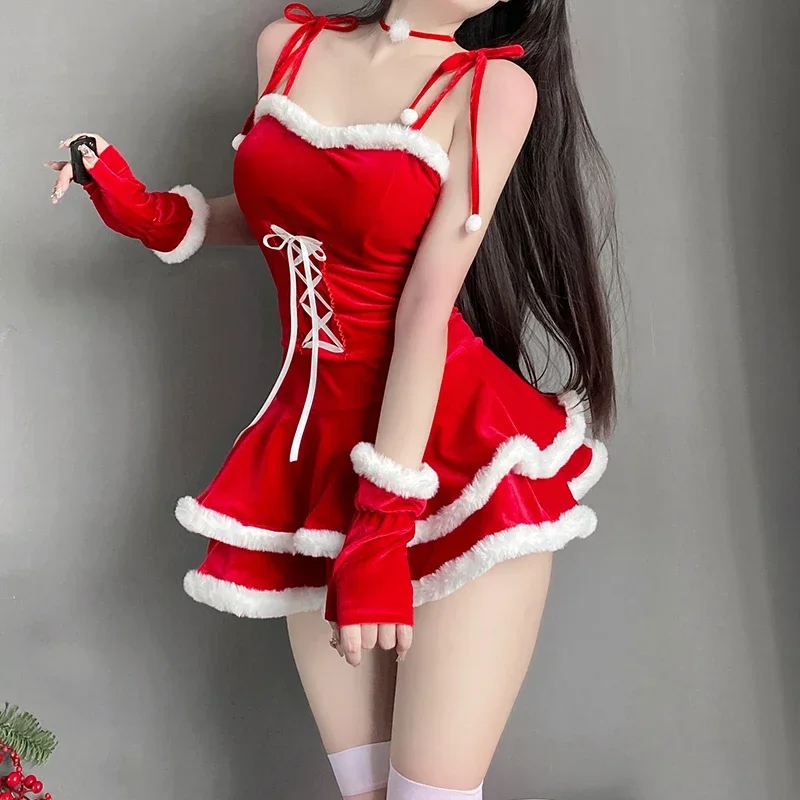 2025 New Red Velvet Christmas Woman Bunny Girl Uniform Sexy Lingerie Halloween Xmas Party Nightclub Dance Performance Dres RQR56