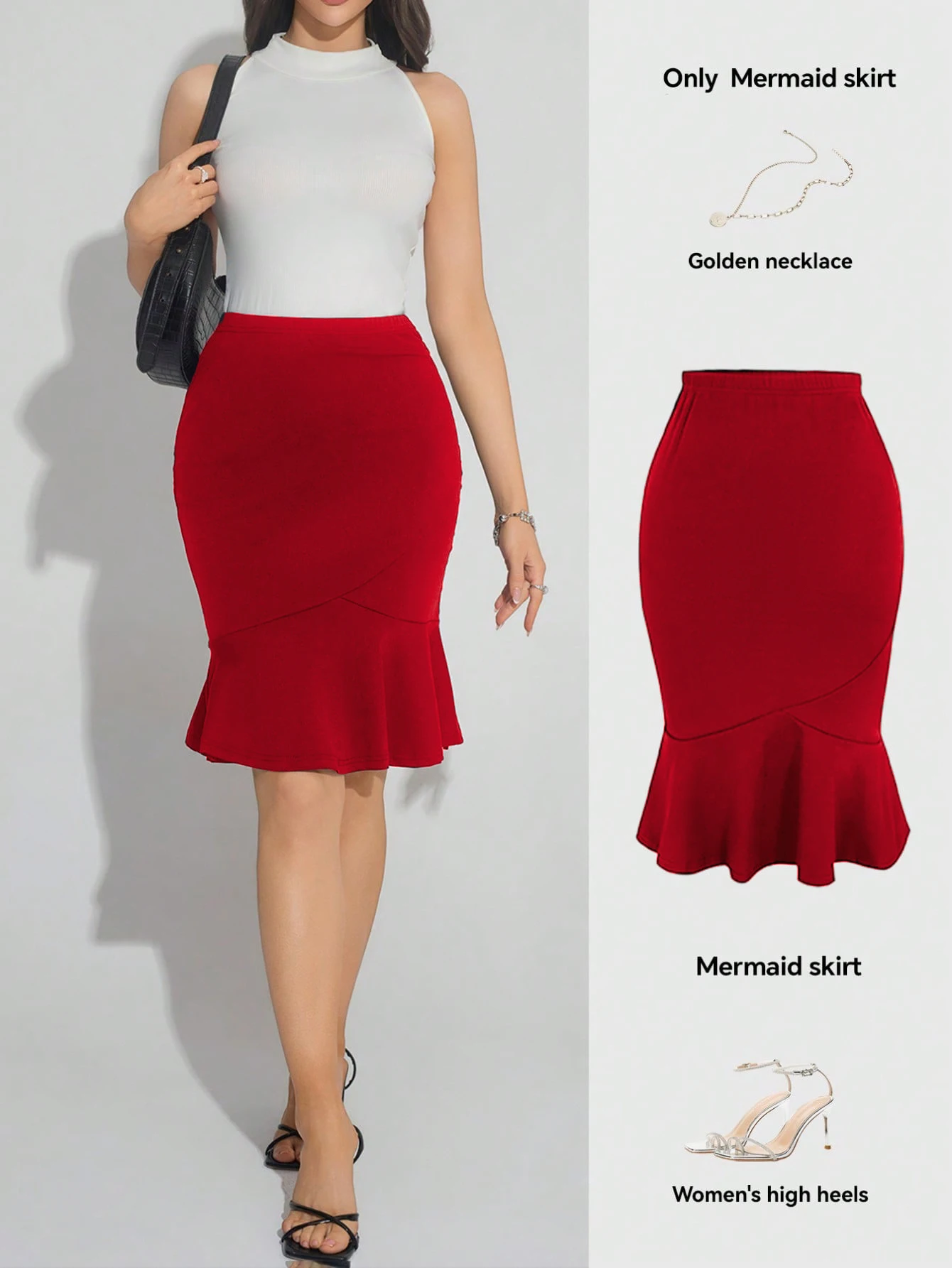 Women`s High Waist Dress Red Bodycon Midi Skirt Elegant Daily Wear Spring-Autumn Slim Fit Ruffle Flare Hem Mermaid Pencil Skirts