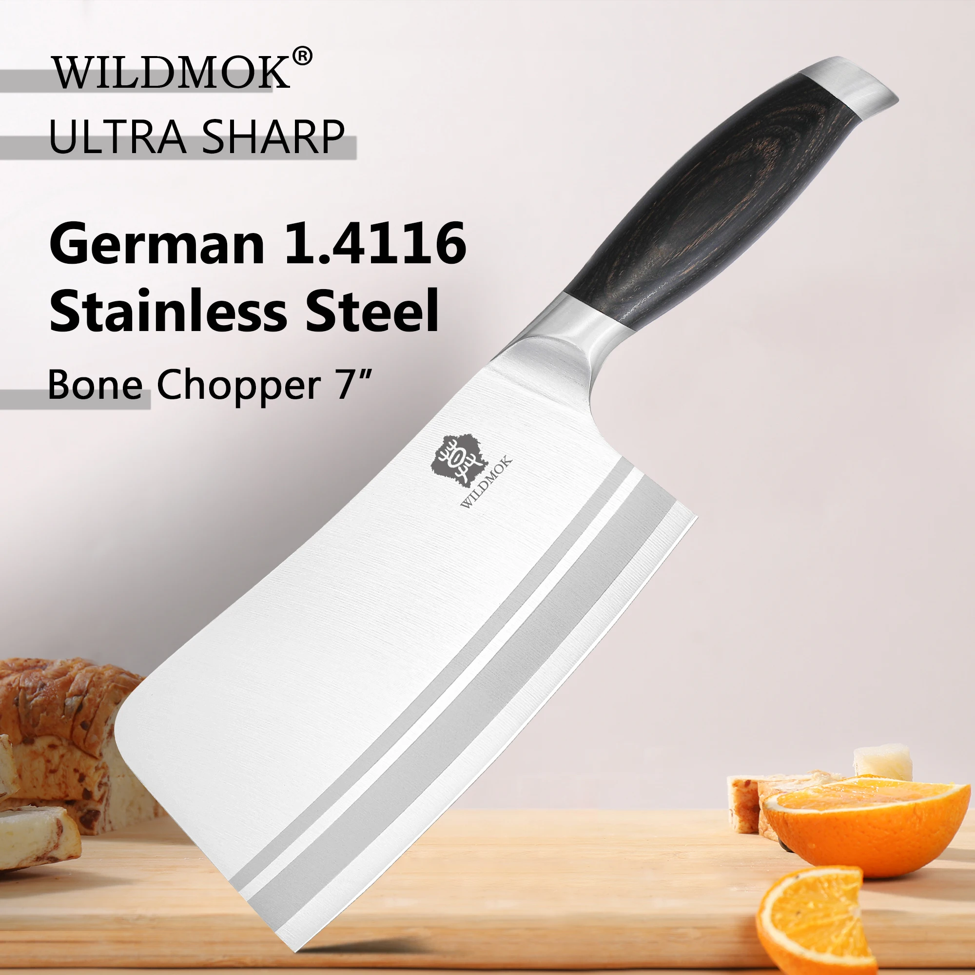 WILDMOK 7 Inch Bone Chopper Kitchen Knife German Stainless Steel Blade Pakkawood Handle Heavy Duty Chopping Knife For Meat Bone