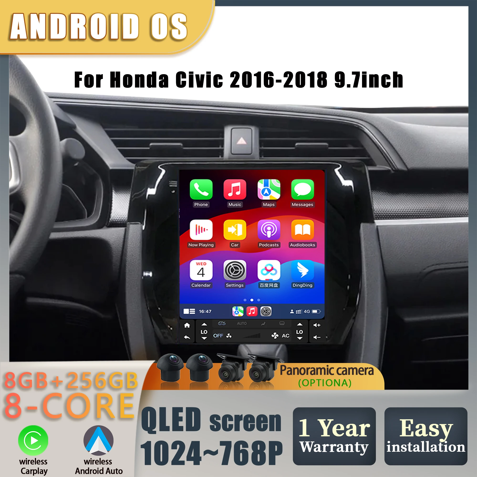 9.7 بوصة لهوندا سيفيك 2016 2017 2018 راديو السيارة الوسائط المتعددة الملاحة لتحديد المواقع اللاسلكية أندرويد BT CarPlay QLED شاشة ستيريو #1