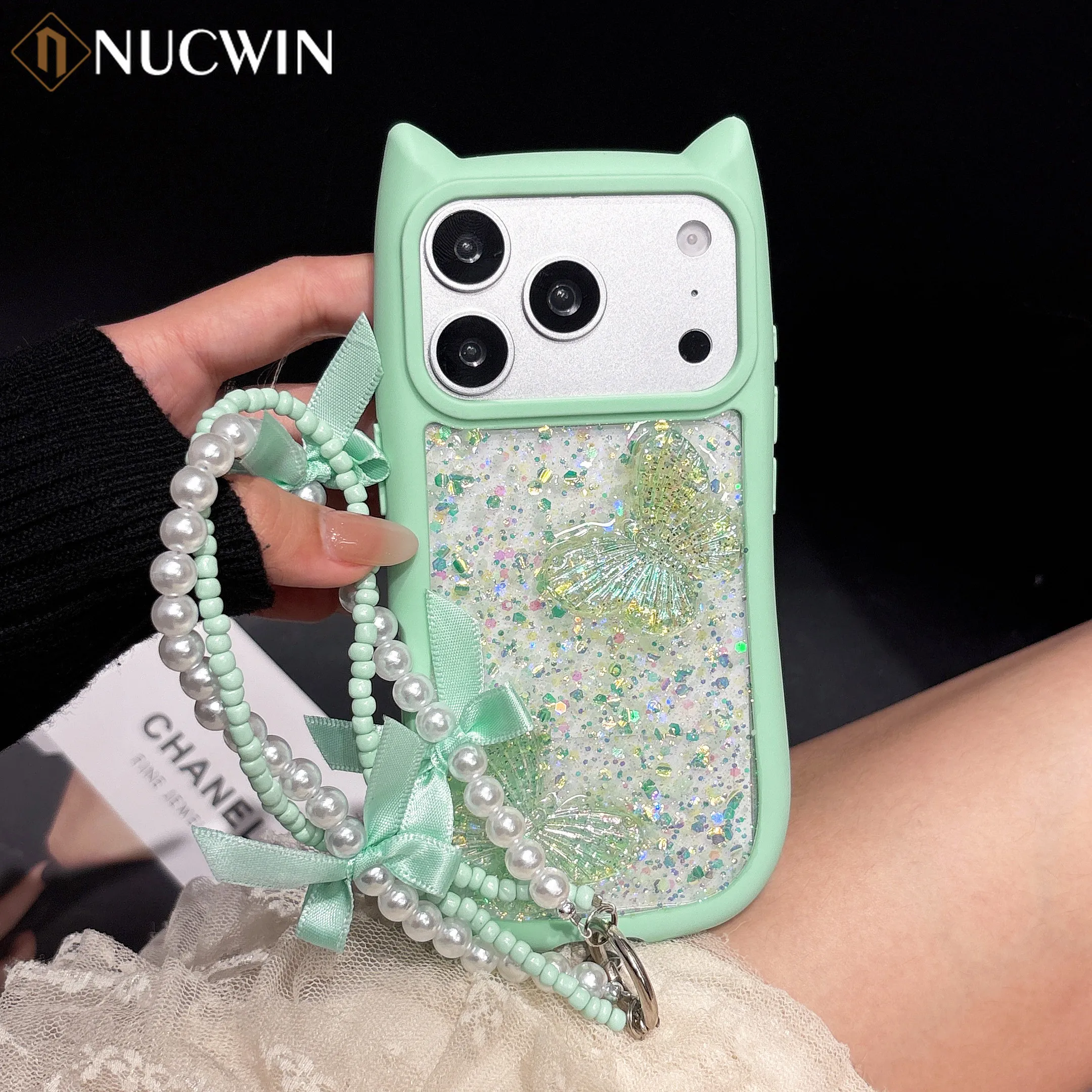 Coque transparente avec lanière, motif oreilles de chat et papillon, pour iPhone 17 16 15 14 13 12 Pro Max 17 Air 11, avec grande fenêtre et bords souples