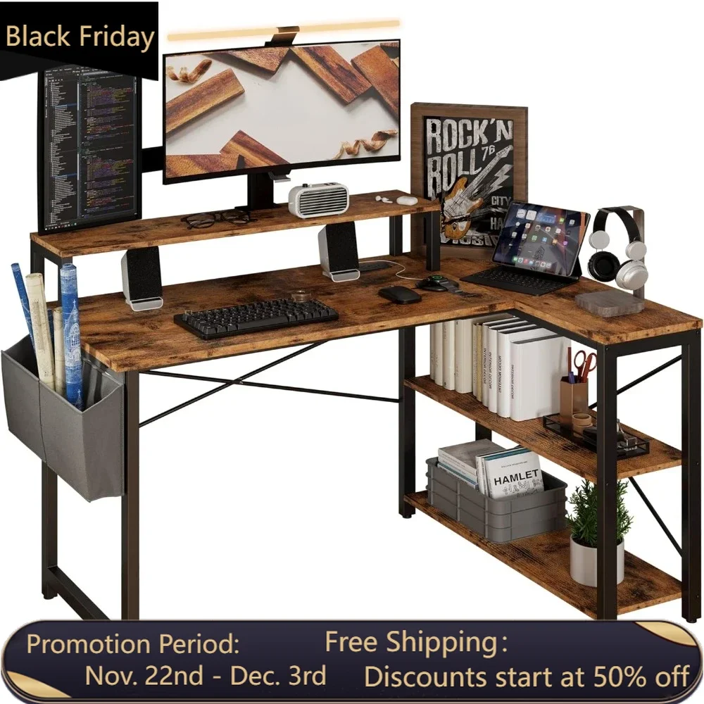 L Shaped Desk with Charging Station and Storage Shelves, 47-inch Corner Computer Desk with Monitor Stand, Study Table for Home