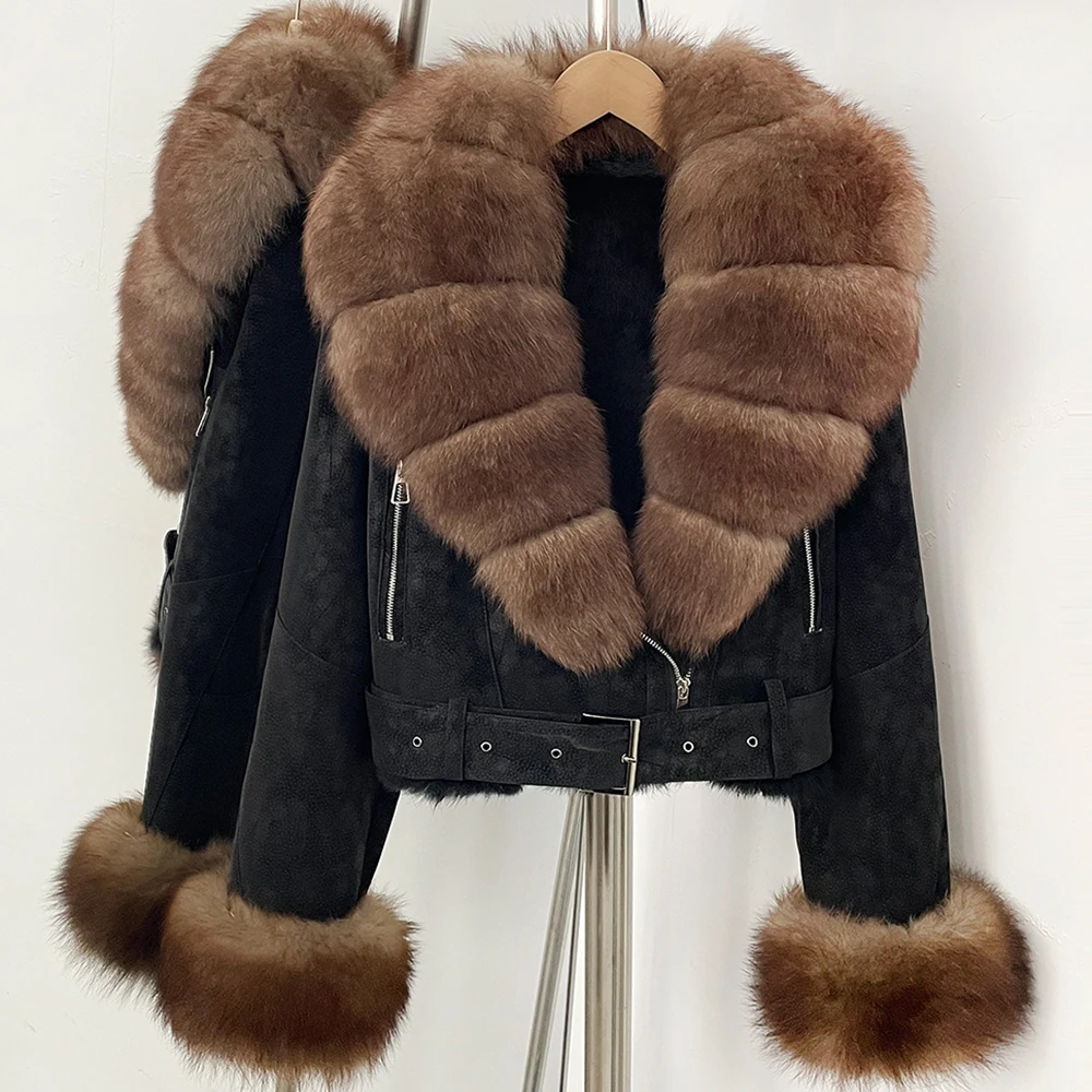 Women's Genuine Fur Coat Oversized Winter High-End Natural Rabbit Fur Lining Female Fluffy Fur Winter Fashion Chic Ultra Warm