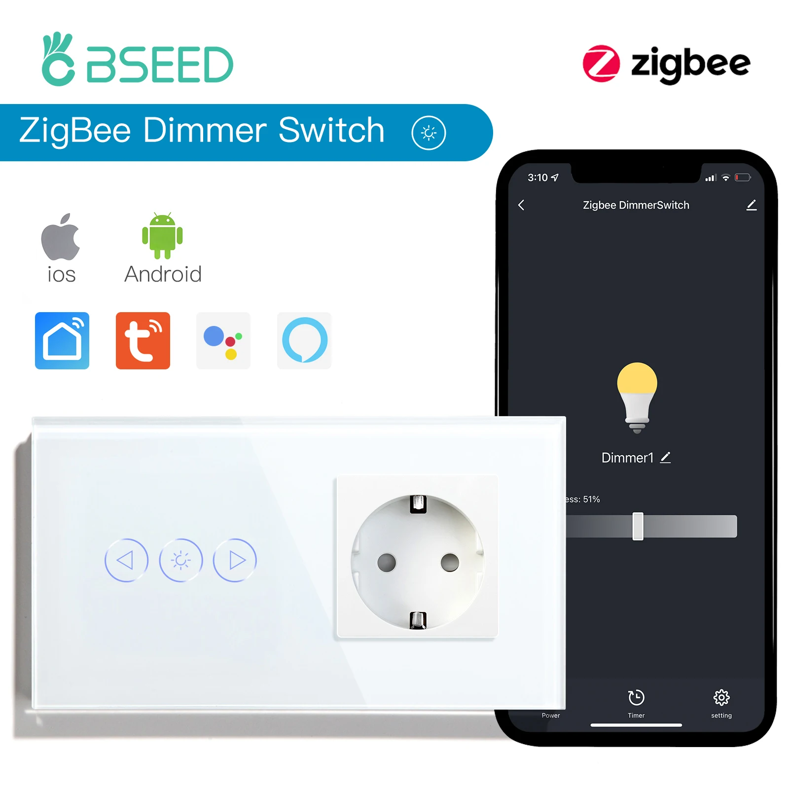 

BSEED ZigBee Dimmer Switch Smart Intelligent Touch Light Switch Normal Wall Socket Google Alexa Voice-Control Tuya App Swicthes