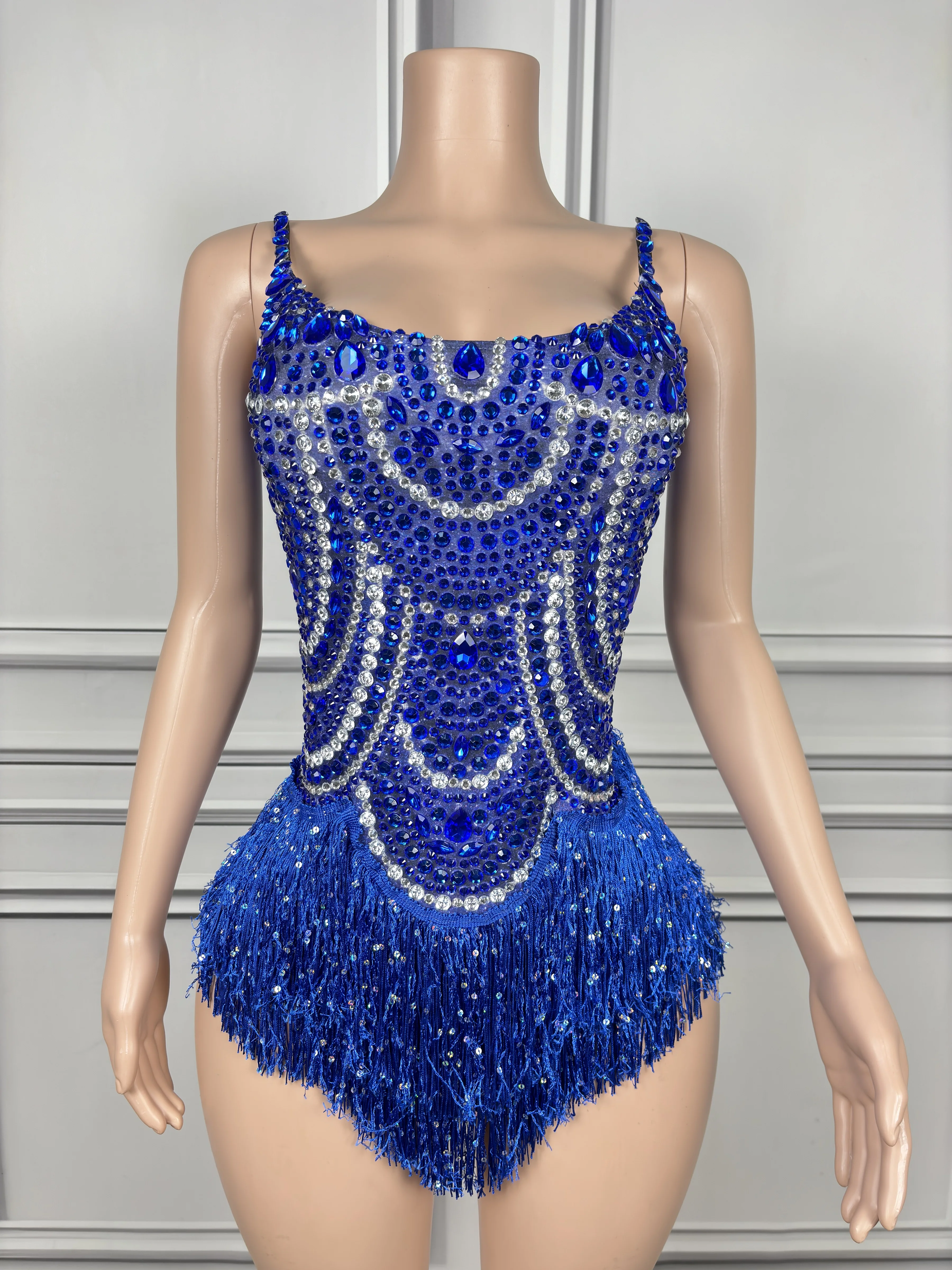 Sparkly Blue Rhinestones Tassels Bodysuit Women Sexy Show Performance Dance Costume Nightclub Outfit Singer Dancer Stage Wear