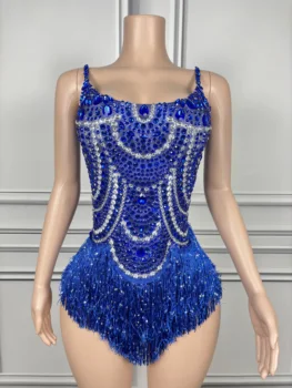 Sparkly blauwe strass kwastjes bodysuit vrouwen sexy show prestaties dans kostuum nachtclub outfit zanger danser stadium slijtage
