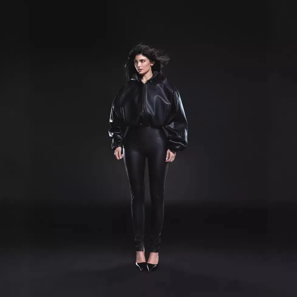 kylie the same KHY black hooded short leather jacket DROP001 series silhouette motorcycle wind jacket