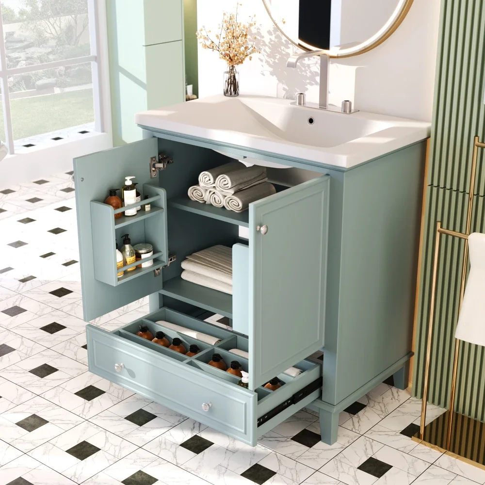 

30" Bathroom Vanity Without Sink, Base, Multi-functional Bathroom Cabinet with Doors and Drawer Solid Frame and MDF Board, Green