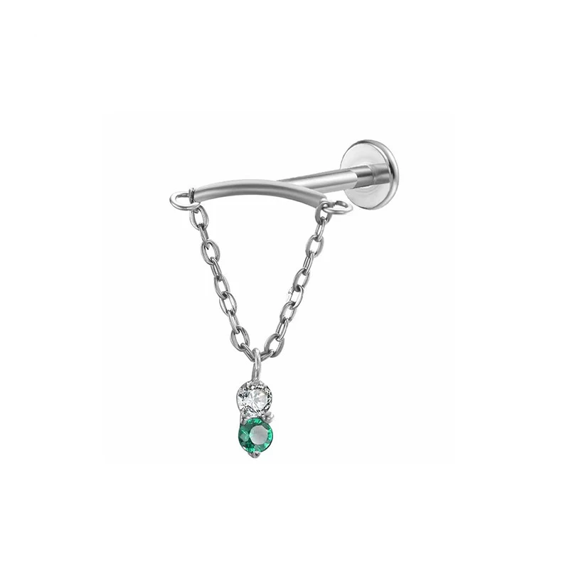 Titanium Piercing Labret Stud with CZ Flower Pendant Chain