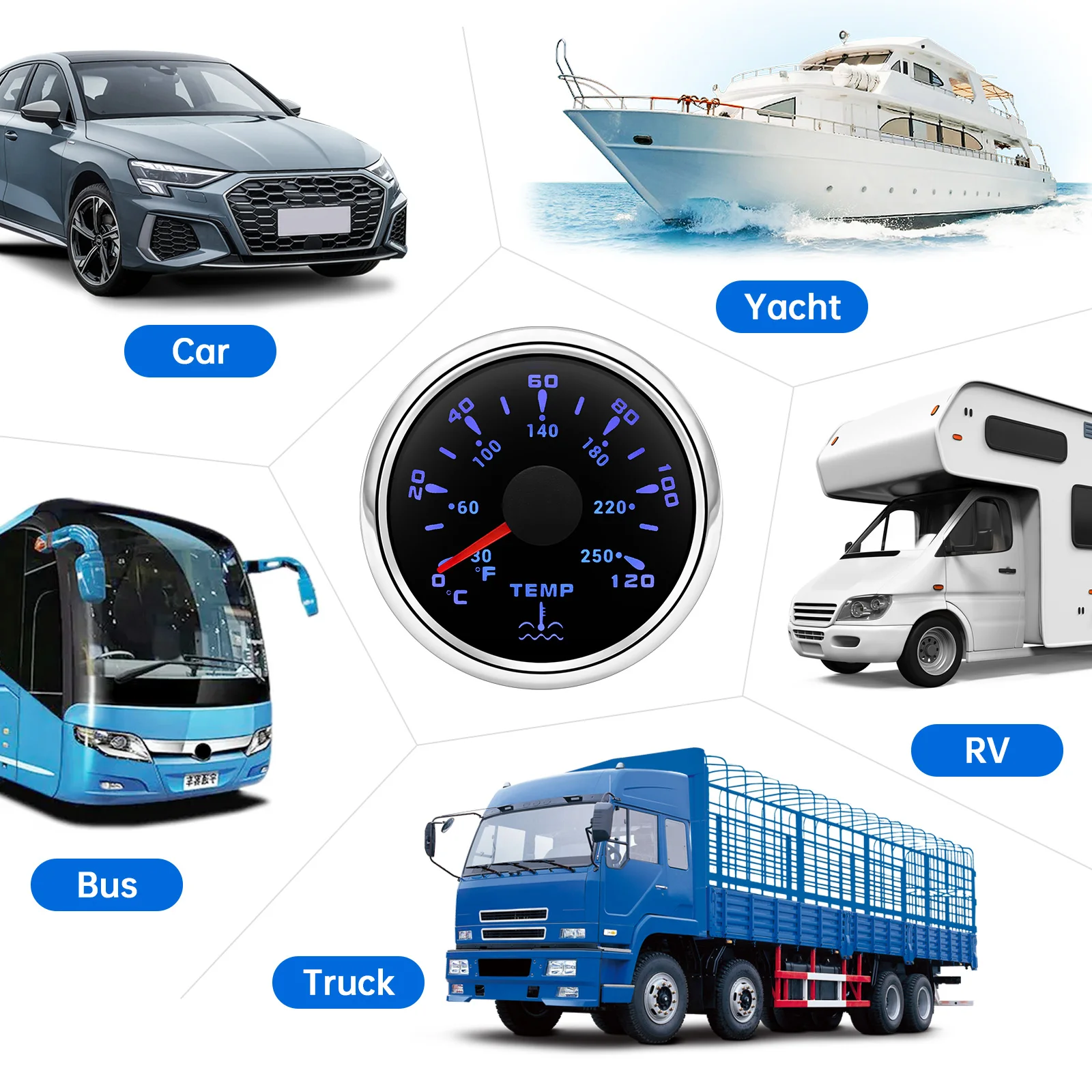 7 Colors Backlight 52MM Water Temperature Gauge Fuel/Water Level Gauge Oil Press Gauge Volt Meter For Marine Boat Car Truck