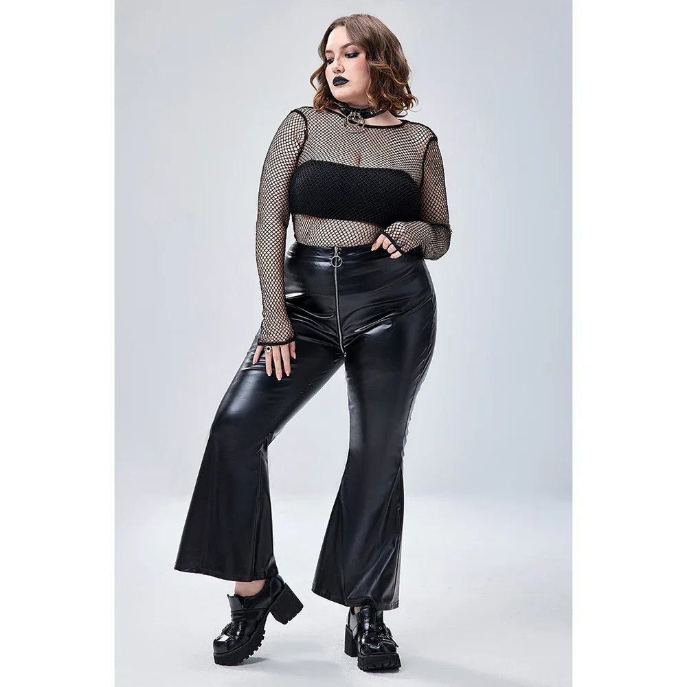 Plus Size Halloween Costume Gothic High Waist Zipper PU Leather Black Flared Pants