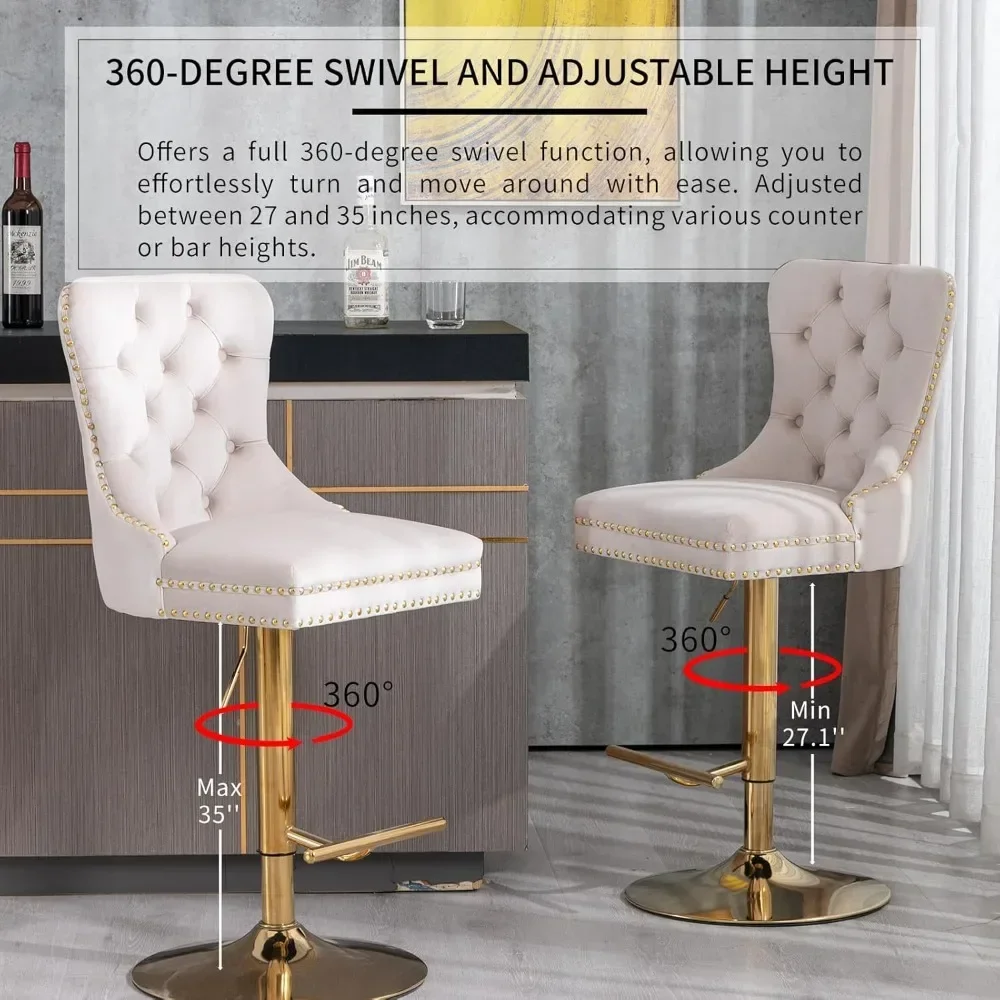 Velvet Swivel Bar Stools Set of 4 with Upholstered Back, Adjustable Counter Height Barstools, Bar Chairs for Home Bar Kitchen