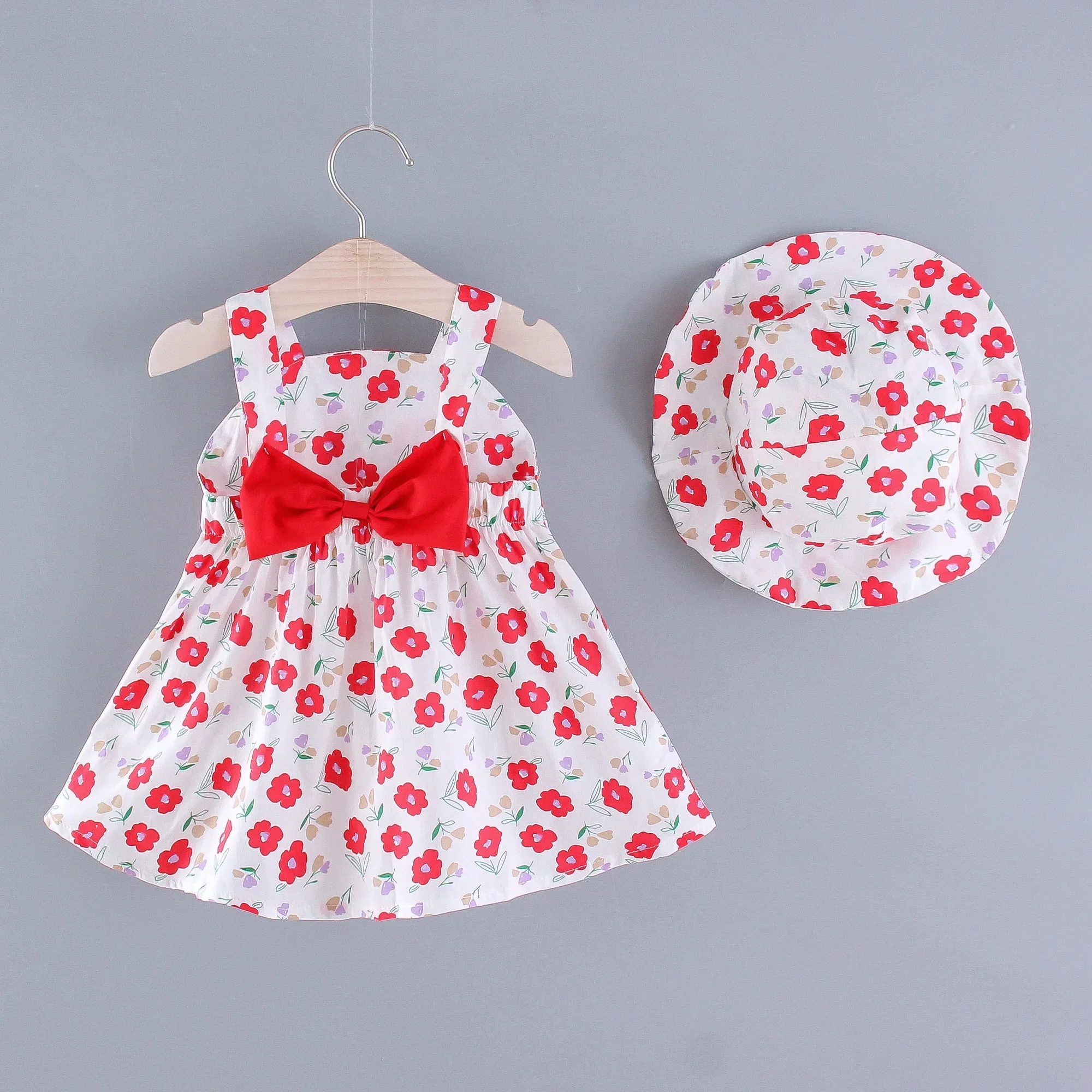 

Girls' New Summer Dress Children's Small Flower Print Back Elastic Waist Solid Bow Princess Dress and Hat Two Piece Set