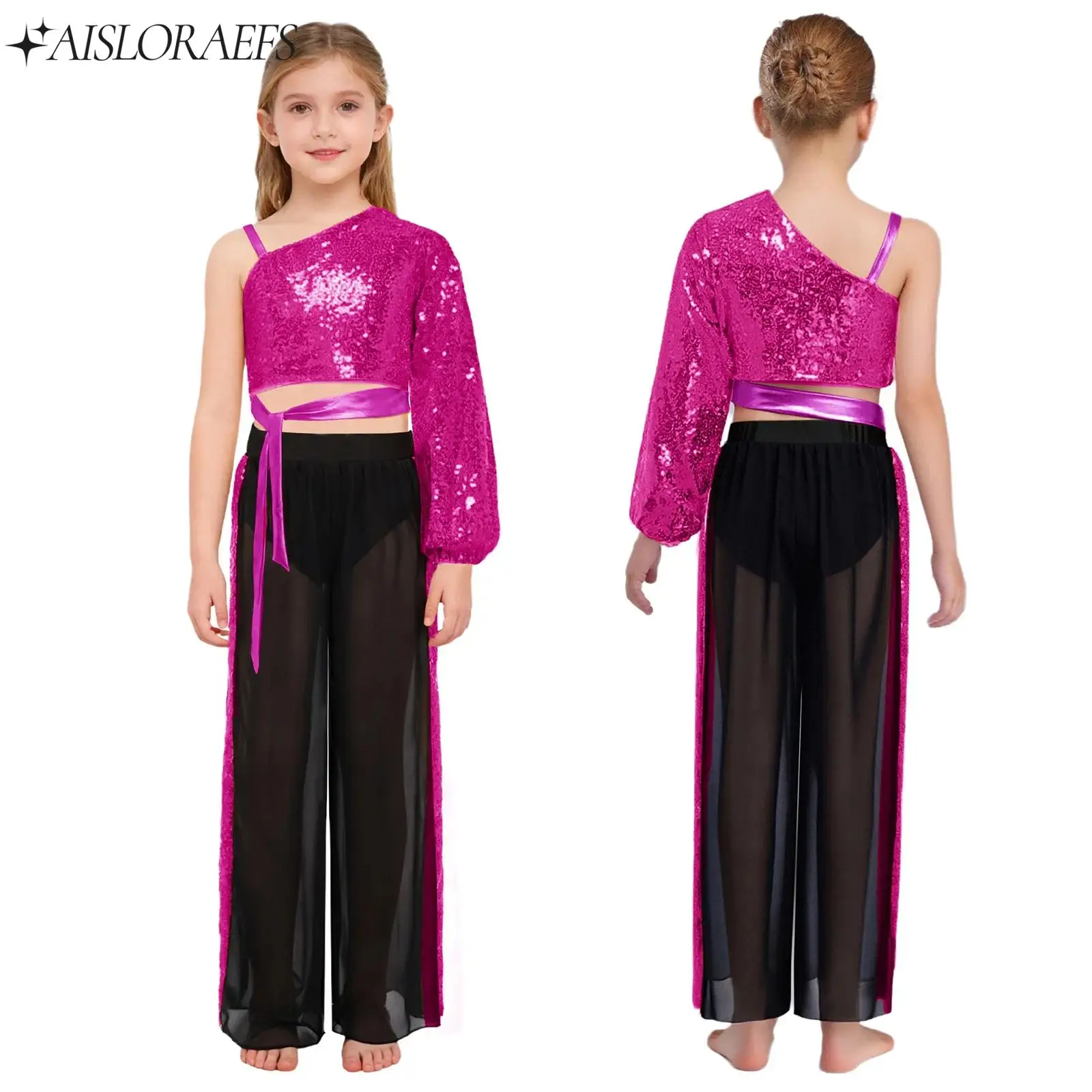 

Girls 2Pcs Modern Lyrical Dance Outfit Sequins One Shoulder Long Sleeve Crop Top+Pants Set Contemporary Performance Dancewear