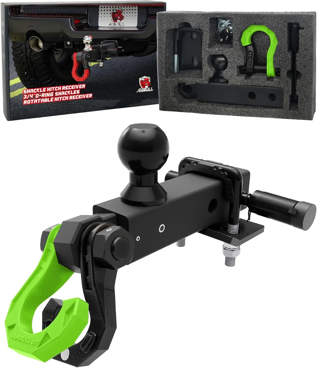 Rotatable D Ring Separate Shackle Trailer Hitch Receiver & 2-Inch Ball Mount, 3/4