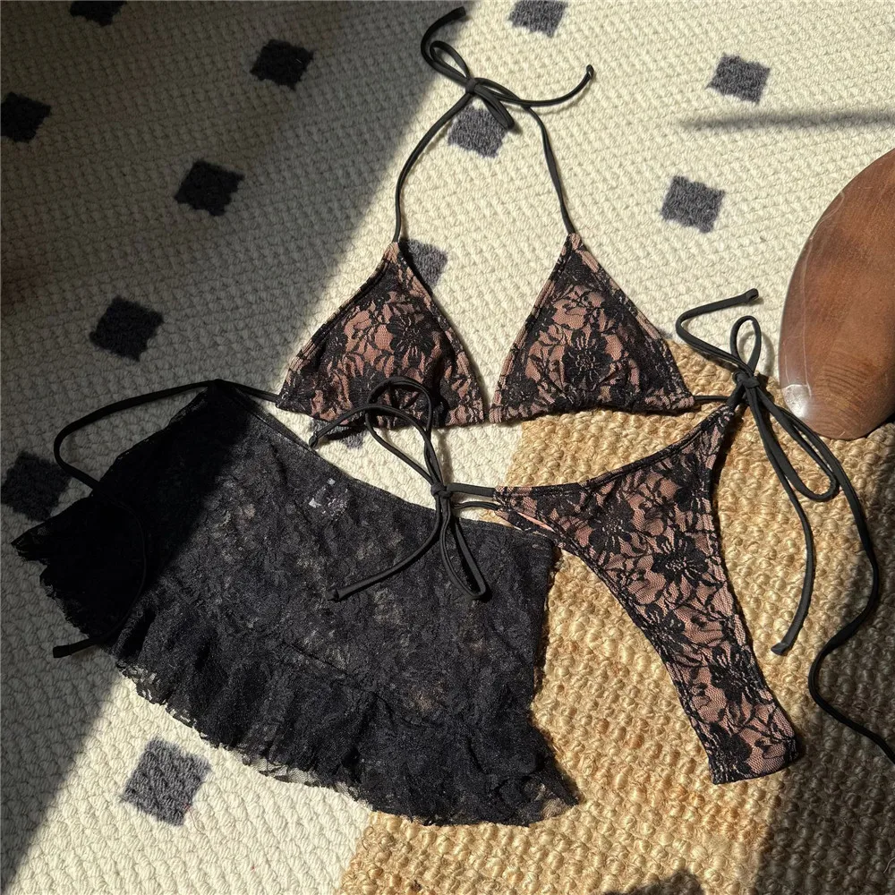 

Sexy Black Lace 3 Piece Bikini Set Cover Ups Skirts Swimwear 2026 Halter String Triangle Micro Thong Swimsuit Women Beachwear