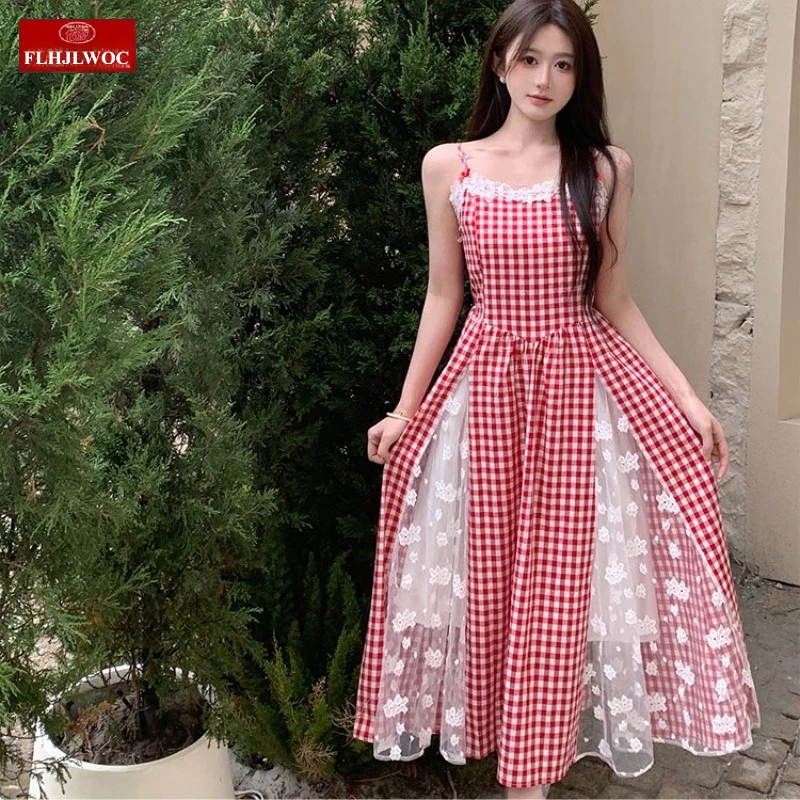 Vestidos a cuadros rojos de estilo francés, nuevo diseño, bonito y dulce para mujer, vestido sin mangas de malla transparente de encaje blanco con tirantes finos