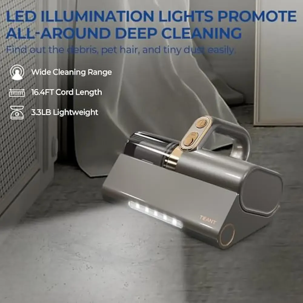 Mattress Vacuum Cleaner UV-C Light HEPA Filter 140℉ Heating 500W 15Kpa Strong Suction Lightweight Portable Washable Filter