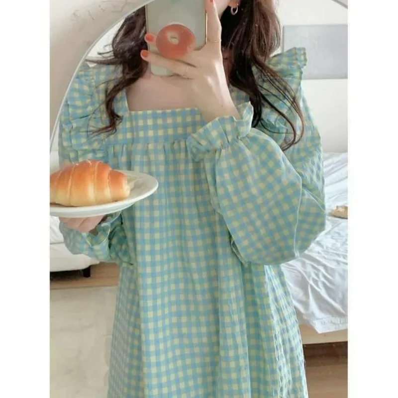 Plaid Sleepwear Women Nightgown Korean Ruffle Nightwear Autumn Night Dress Long Sleeve One Piece Pajamas Square Collar Home Wear