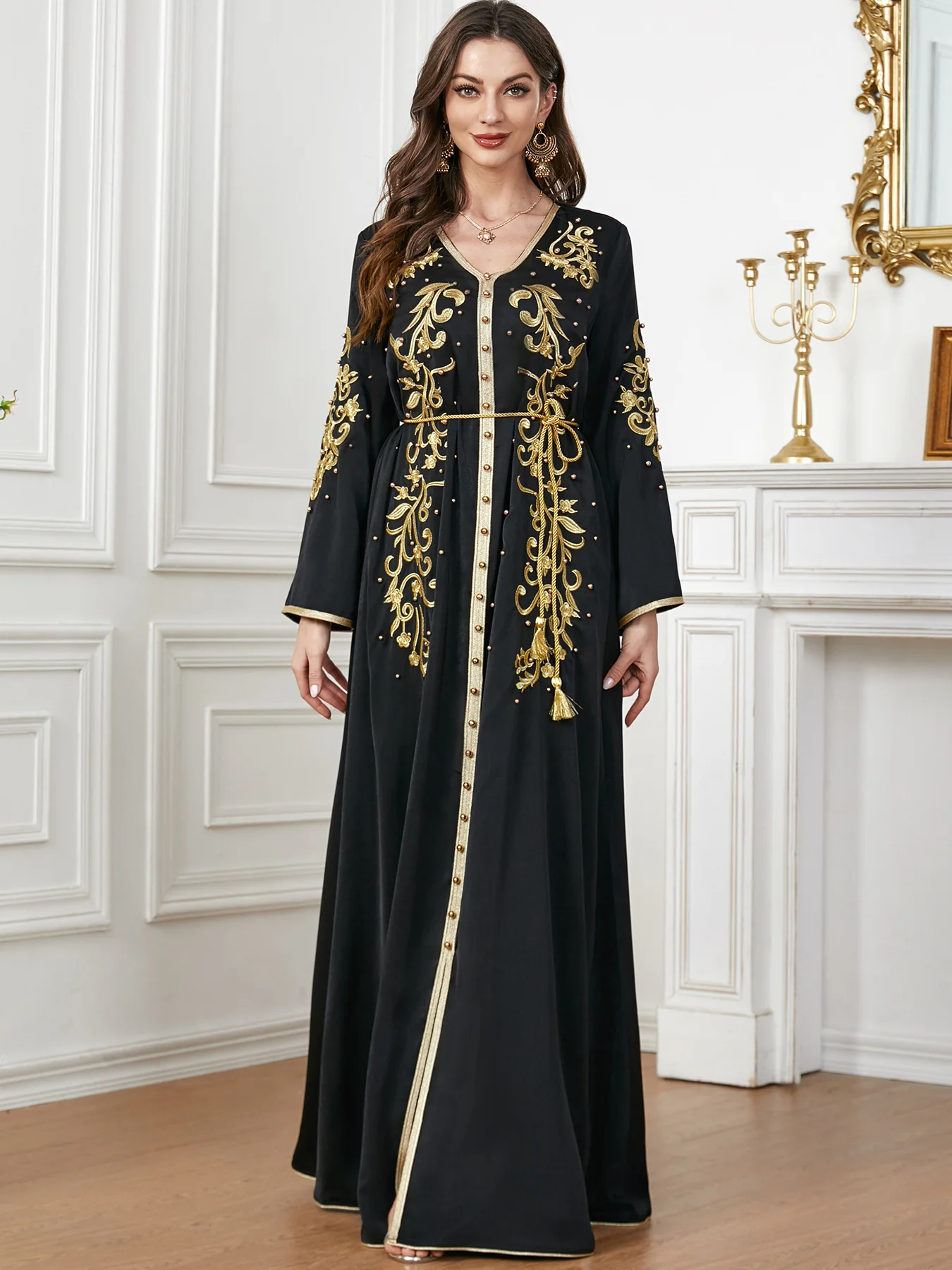 

Ramadan Dresses For Women 2023 Spring Summer Beads Embroidery Long Sleeve Dress Belted Kaftan Split Hem Abaya Muslim Dubai Gowns