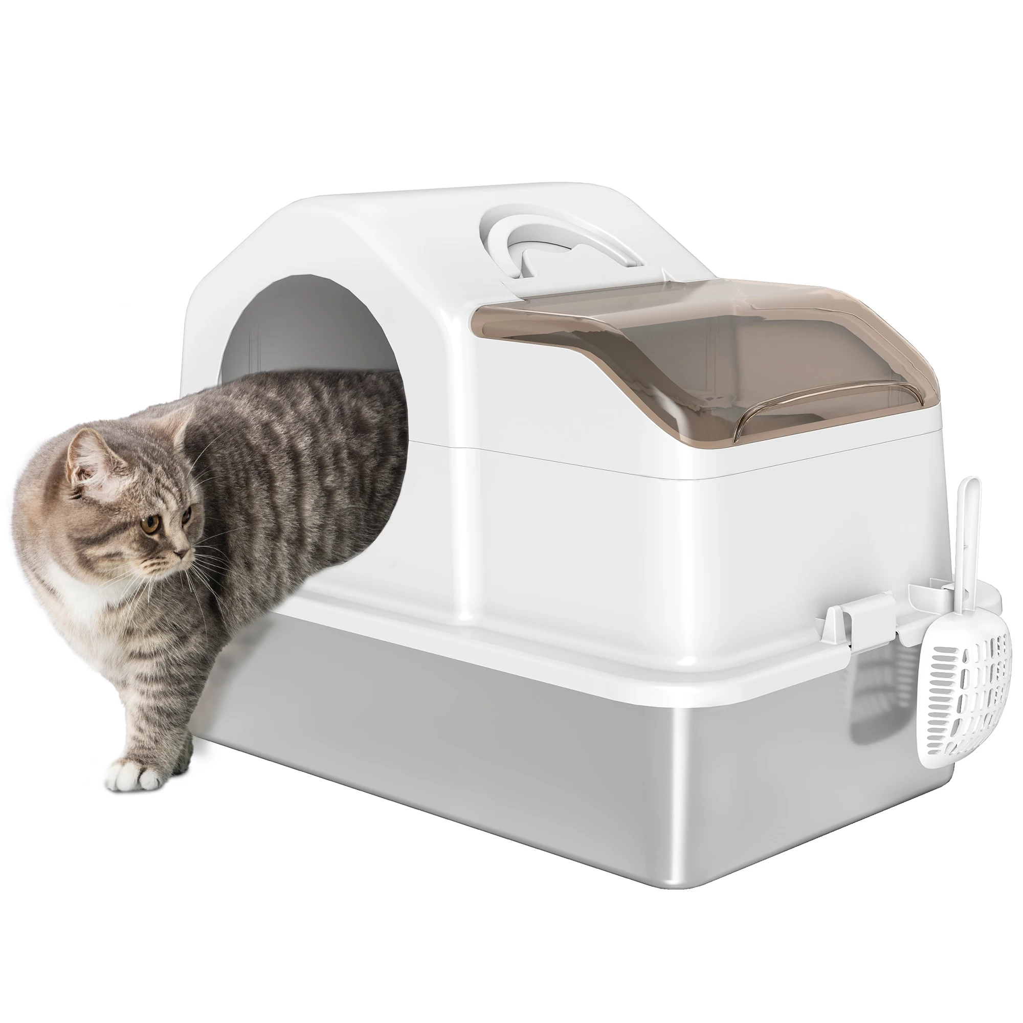 PawHut Arenero para Gatos Cubierto con Bandeja de Acero Inoxidable Tapa Extraíble Bordes Altos Fácil de Limpiar Blanco