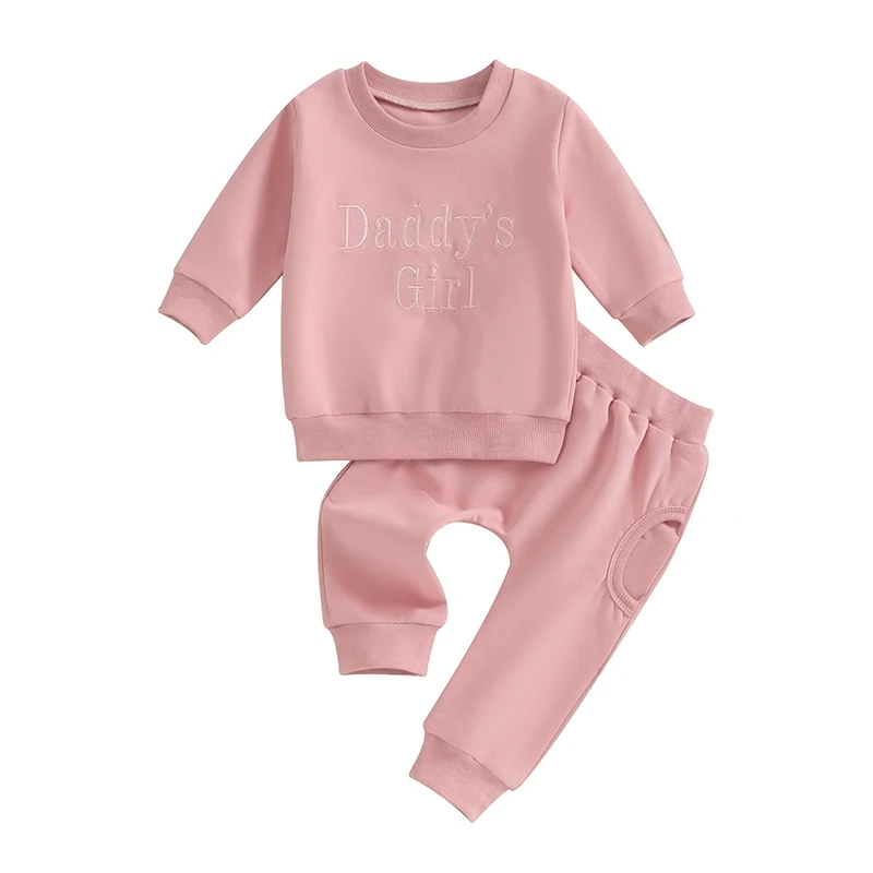 

Toddler Baby Girl Spring Fall Round Neck Letter Print Long Sleeve Outfit Clothing Pullover Sweatshirt Pants Elastic Pockets Set