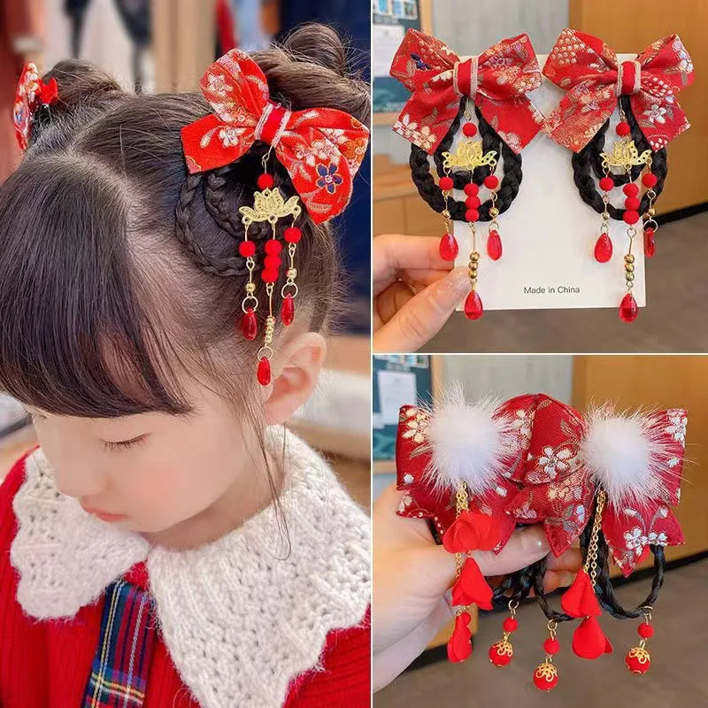 2 PCS Girls Chinese Style Hanfu Headdress Bow Hair Clip Wig Braid Hairpin Side Clip Hair Accessories For  Children's Gift