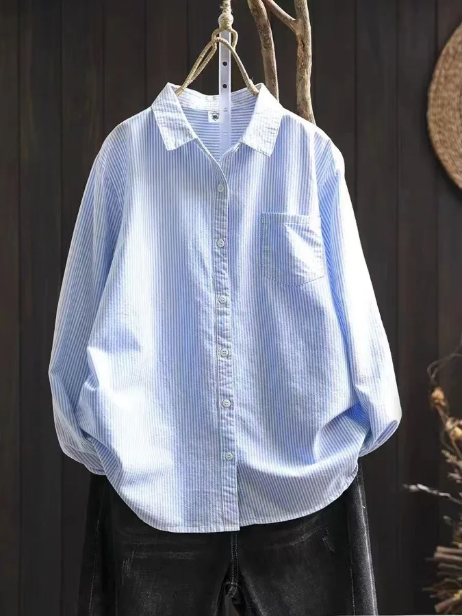 Suelto Casual ey rayas largo Sve mujer irt tamaño grande único ket ropa interior capa Base artística Sle otoño nuevo