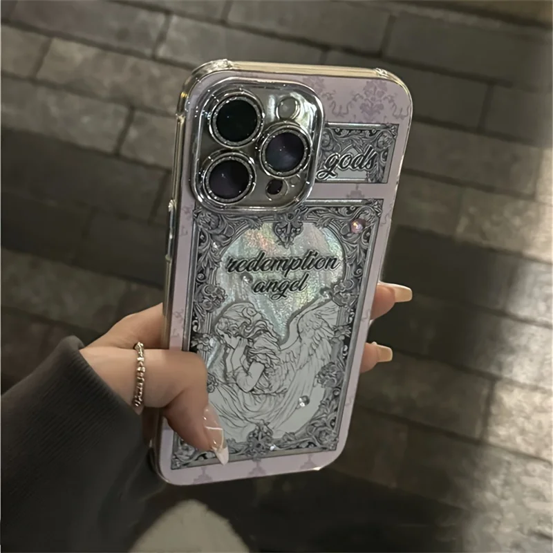 Retro 3D diamand Angel Cupid Case For iPhone 16 15 14 13 12 Pro Max 11 Glitter Lens Protection Cover Ins Pink Aurora Laser Shell