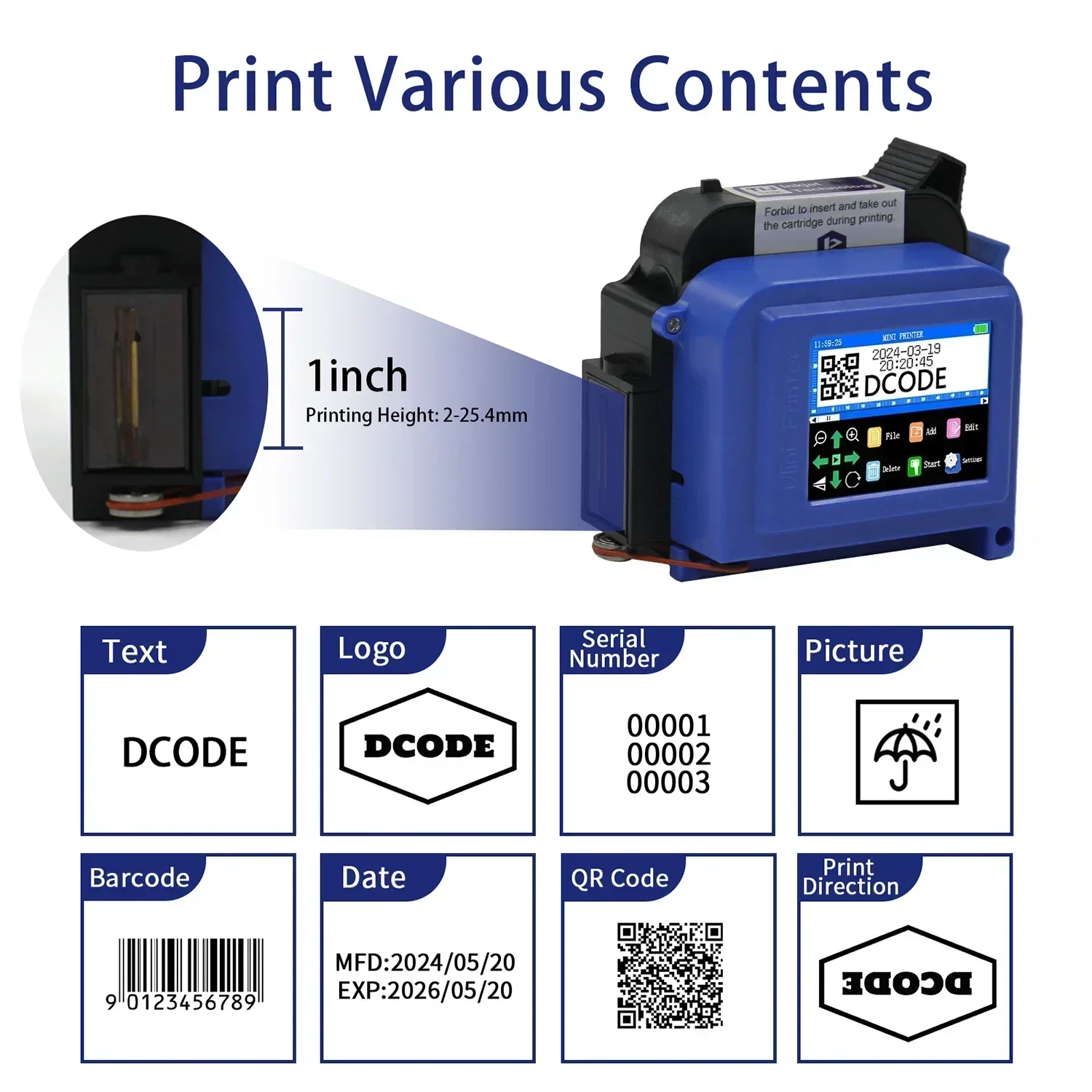 DCODE DC11 25.4 مللي متر/1 بوصة طابعة صغيرة محمولة طابعة نافثة للحبر محمولة غير مشفرة QR الباركود صورة شعار آلة ترميز التاريخ