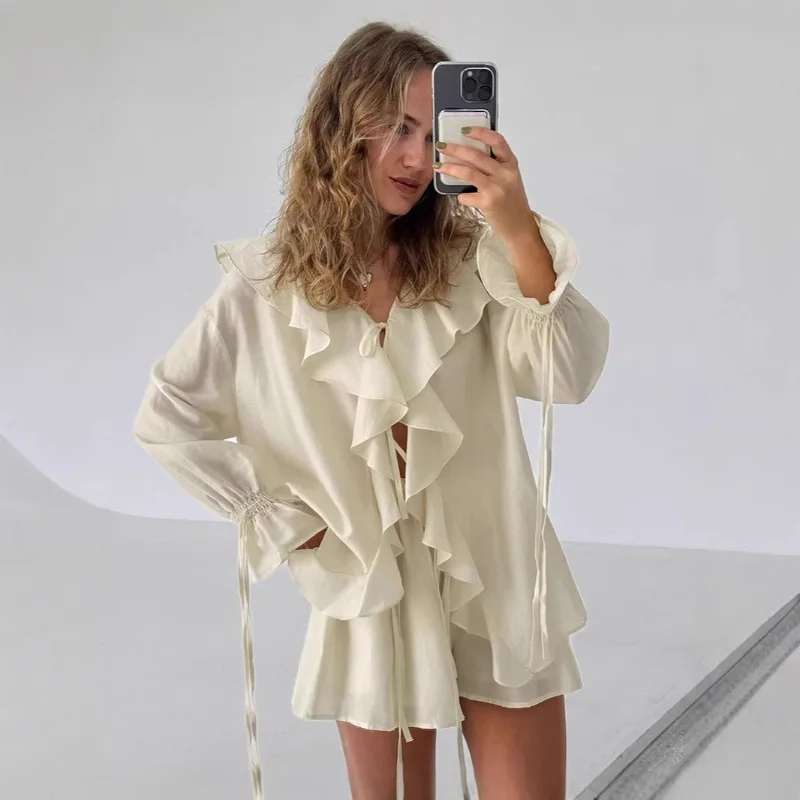 Blouse Shorts Two-piece Set Women's Spring Ruffled Tie-front Loose-fitting Comfortable Casual Fashionable Niche Versatile Luxury