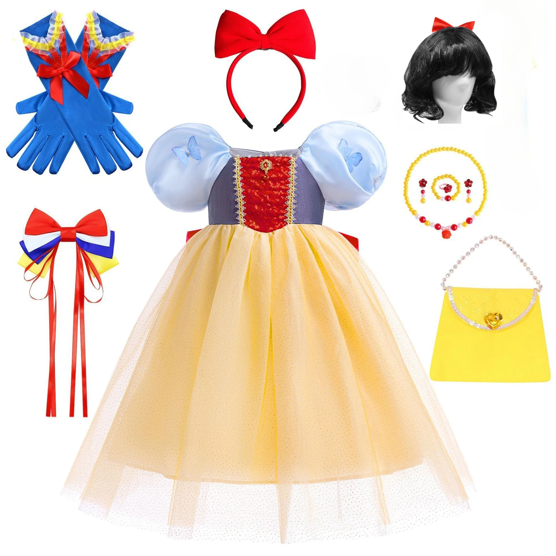 2025 платье принцессы Белоснежки для девочек, очаровательный костюм для детей, одежда для косплея для малышей, сетчатое бальное платье, карнавальный костюм для дня рождения