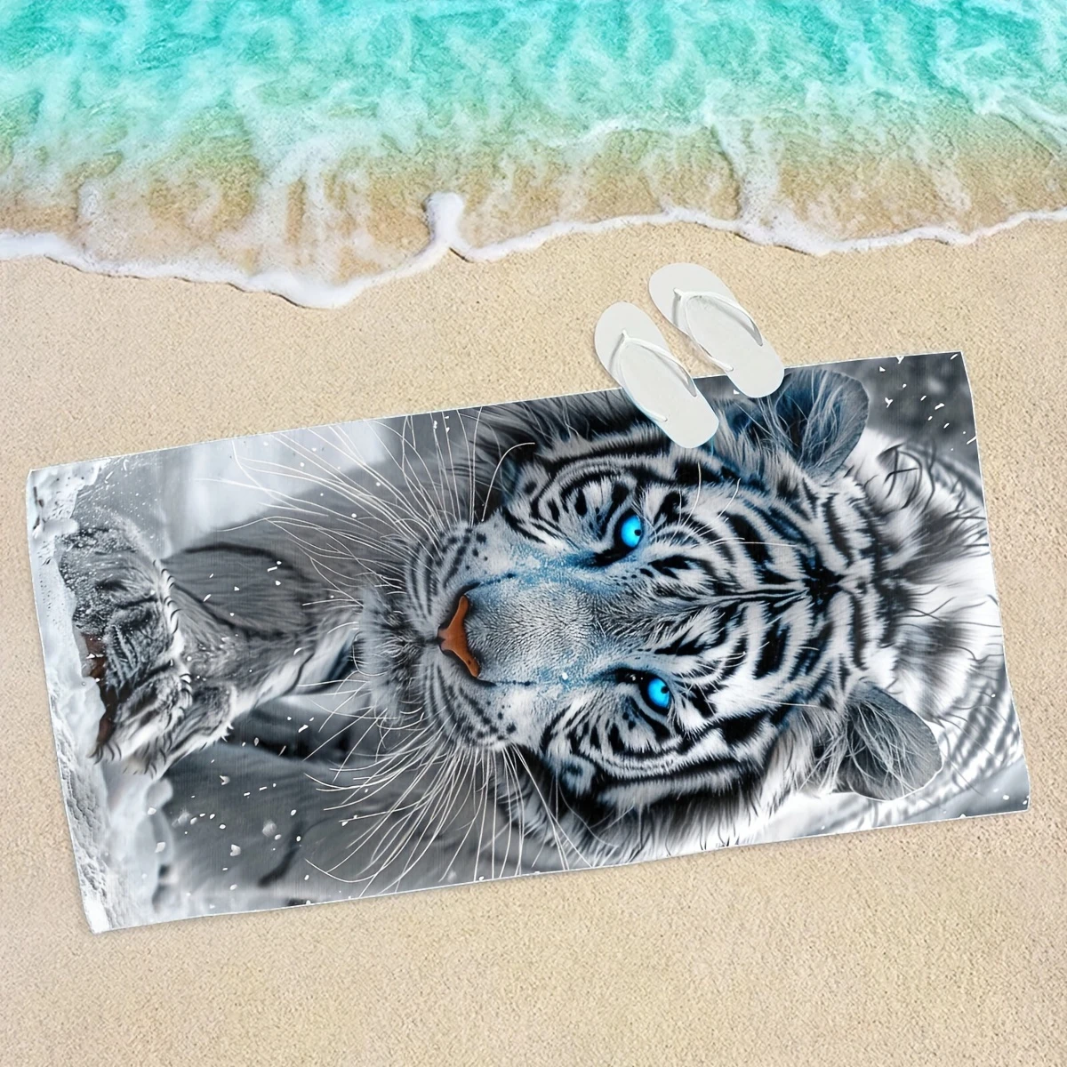 White Tiger Print Extra Large Beach Towel Thick Soft Super Absorbent Quick Dry Machine Washable for Pool Bath Travel Camping All