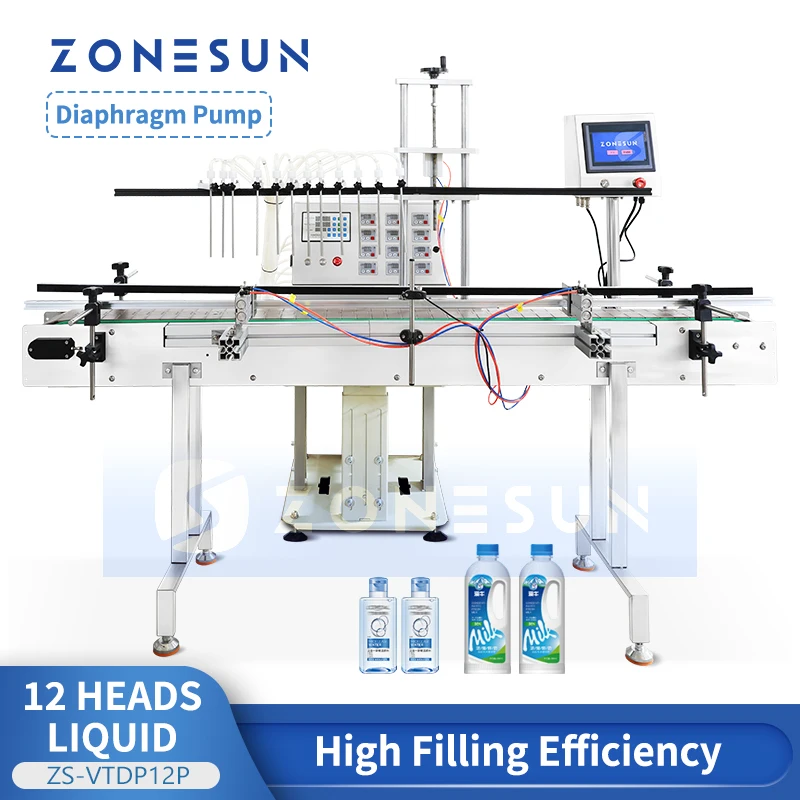 Zonesun Automatic Liquid Filling Machine ZS-VTDP12P 12 Heads Water Drinks Bottle Filler Diaphragm Pump Packaging Production Line