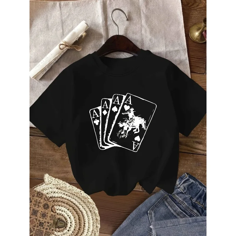 رعاة البقر الغربية طباعة المرأة عادية طاقم الرقبة كل موسم مريح Y2K Harajuku نمط القطن موضة قصيرة الأكمام تي شيرت #1