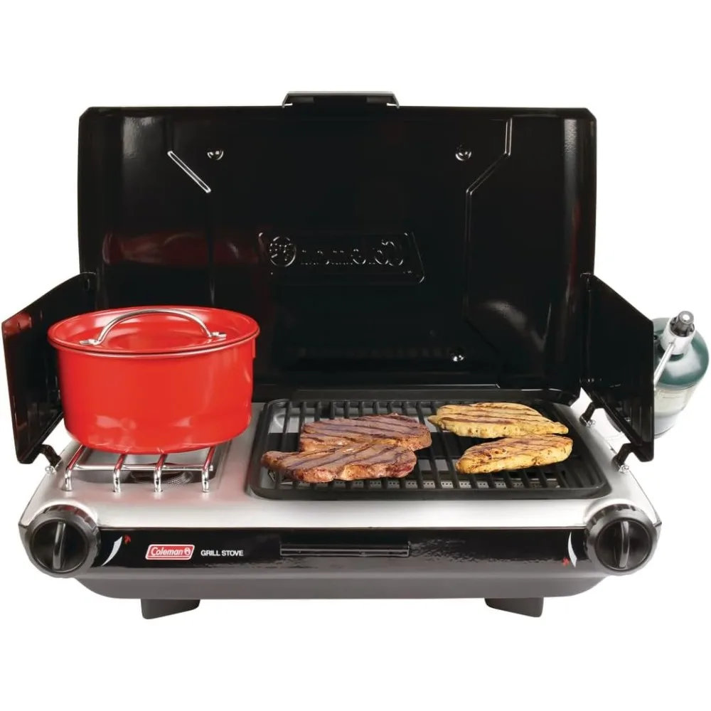 Tabletop 2-in-1 Camping Grill/Stove, 2-Burner Propane Grill & Stove for Outdoor Cooking with Adjustable Burners