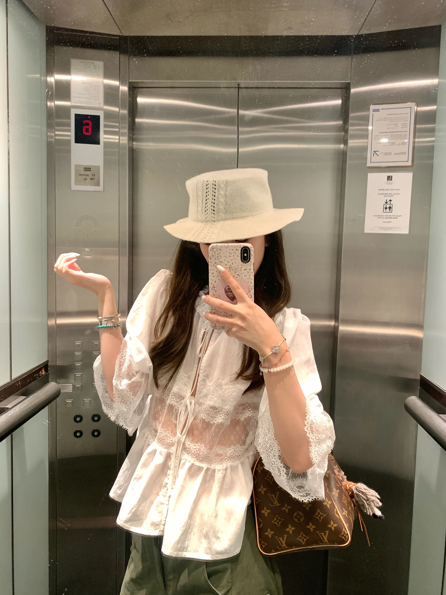 

Asheronline Summer Evening Jasmine Vintage Lace Patchwork Shirt Sleeveless Top Breathable Casual Style Girl's Short Sleeve Shirt
