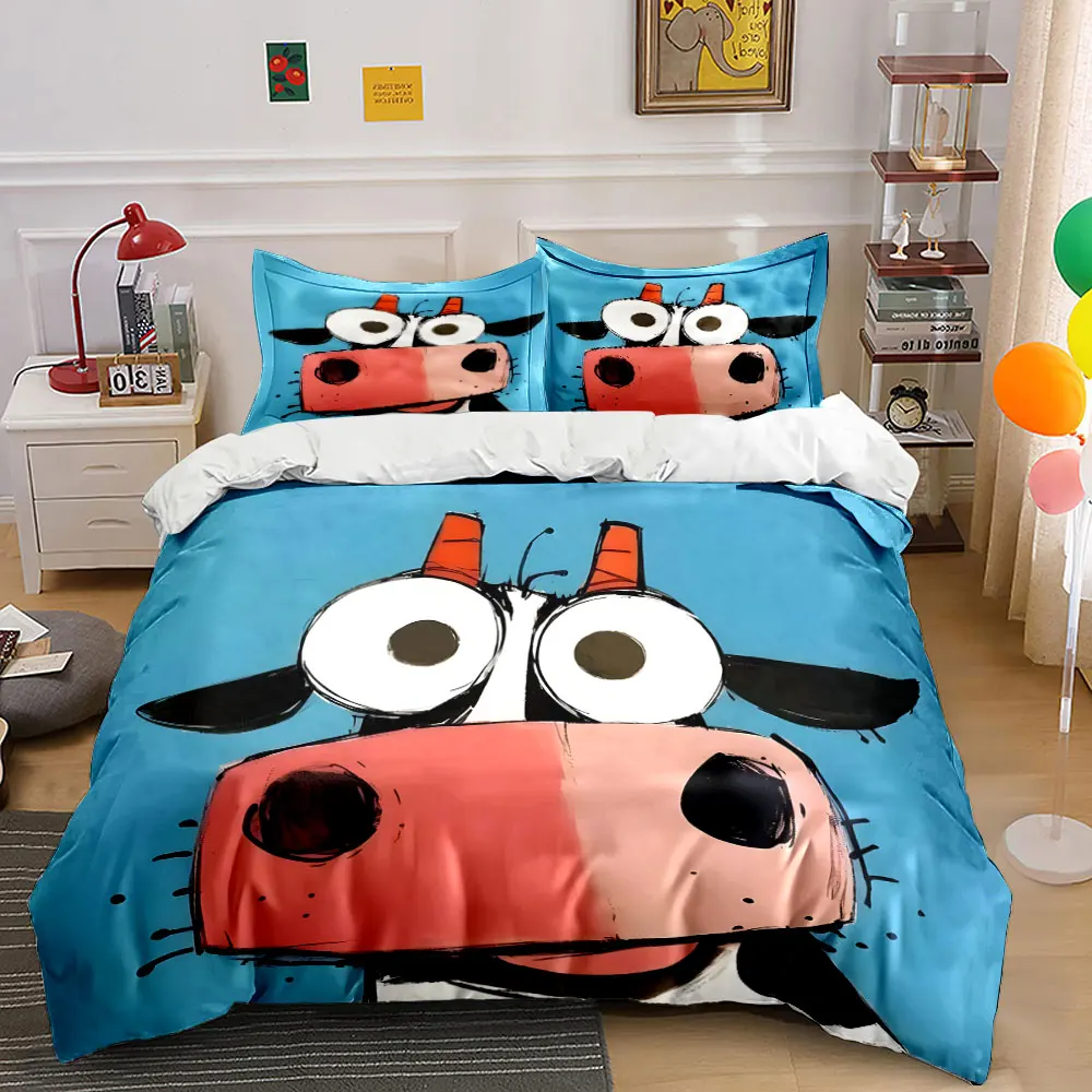 Close-up of cartoon cow face Printed Duvet Cover Set 1 Duvet Cover+2 Pillowcase Multi Size Bedroom Bedding Decor Luxury gifts